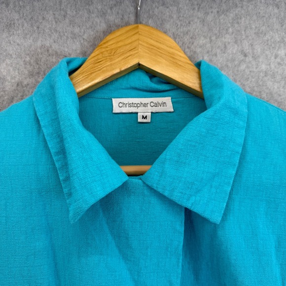 Christopher Calvin Button Collared Top Long Sleeve Blouse‎ Aqua Blue Size Medium - Picture 2 of 13